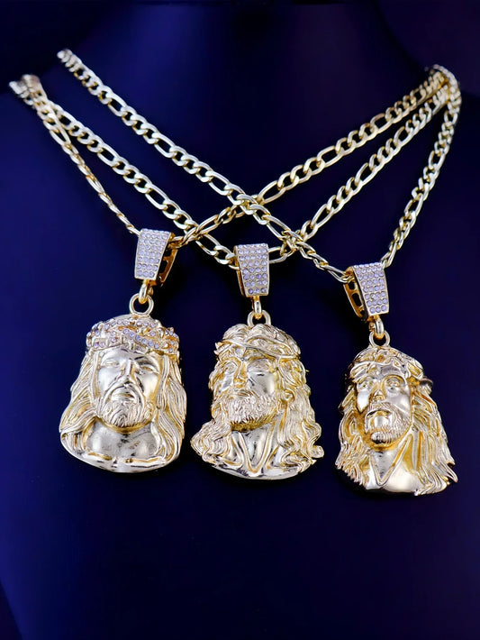 Hip Hop Punk Style Jesus Head Pendant Necklace – Gold Plated Figaro Chain for Men & Women