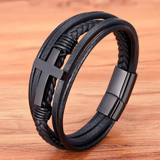 2024 Luxury Multicolor Cross Leather Bracelet – Classic Stainless Steel Design for Men
